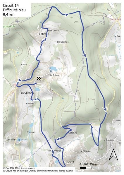 Itinéraire VTT : circuit 14 bleu, base Le Cergne