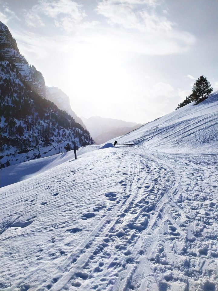 Raquettes sur la large piste des Fonts