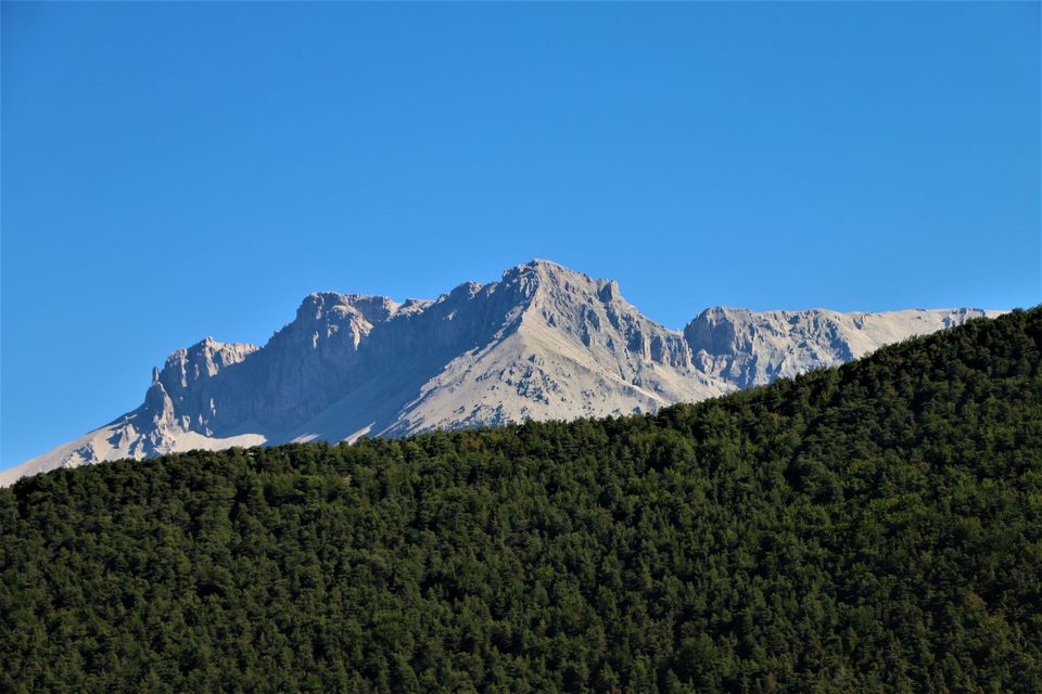 La tête des Pras Arnaud émerge des forêts du Buëch
