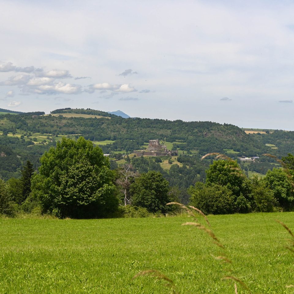 Vue sur le château de Murol et le puy de Dôme